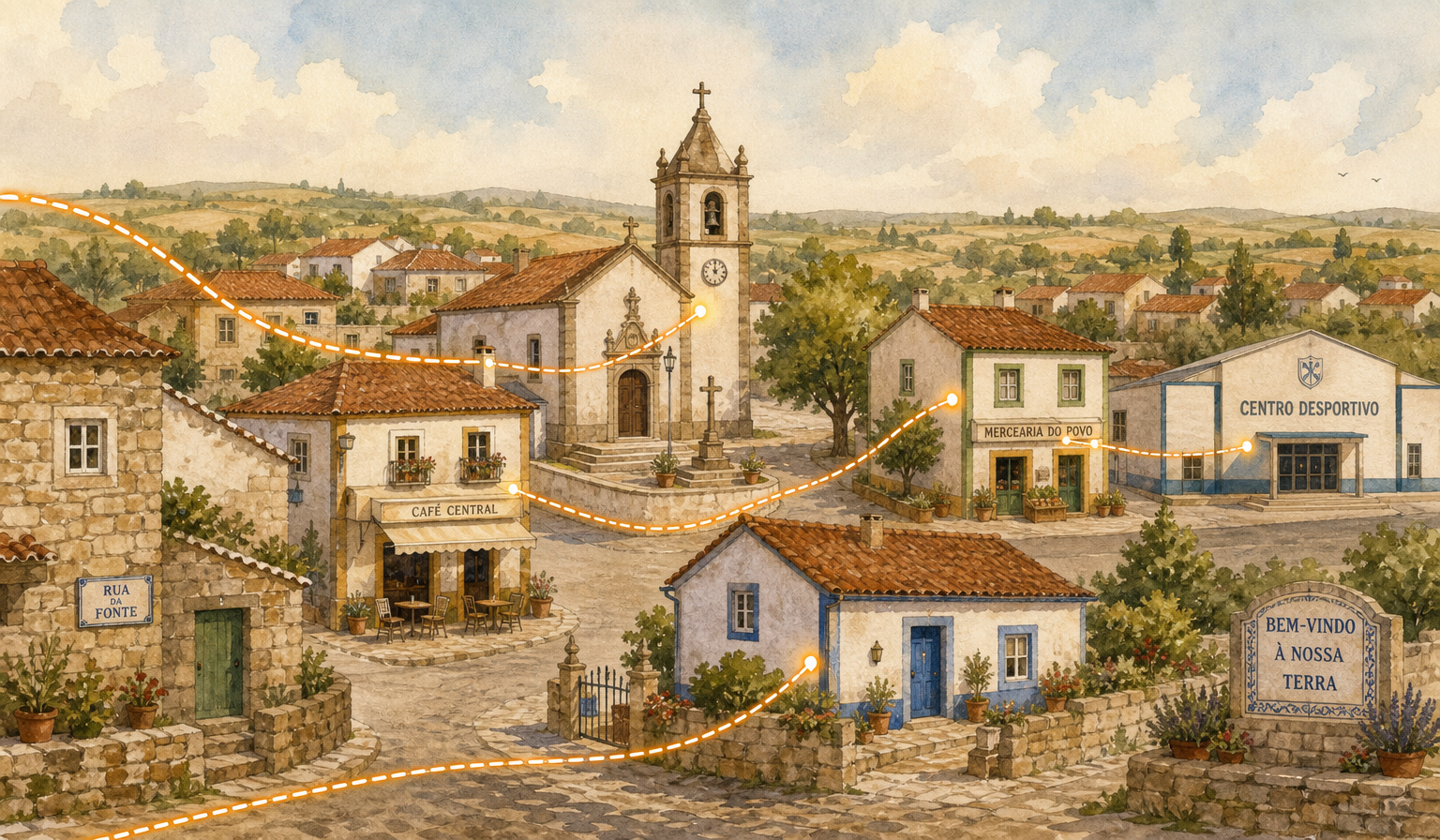 Ilustração artesanal: um pequeno parque solar com bateria numa colina partilha energia com casas, tabernas, alojamentos, lares, indústrias, centros culturais e desportivos, escritórios e comércio da região.